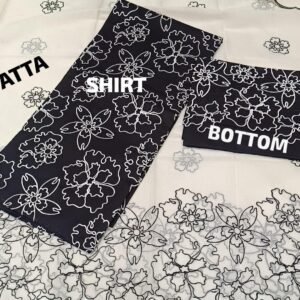 Sophisticated black cotton with bold white floral print. Paired with a white dupatta featuring a dramatic black floral border. A timeless monochrome combination for every occasion.